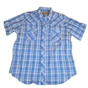 Wrangler Western Shirt Mens XL Plaid Blue Short Sleeve Pearl Snap Front Cowboy‎